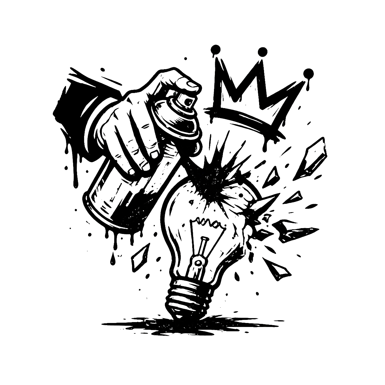 Illustration of a hand with a spray can shattering a lightbulb, with a crown above—creative disruption and ideas.